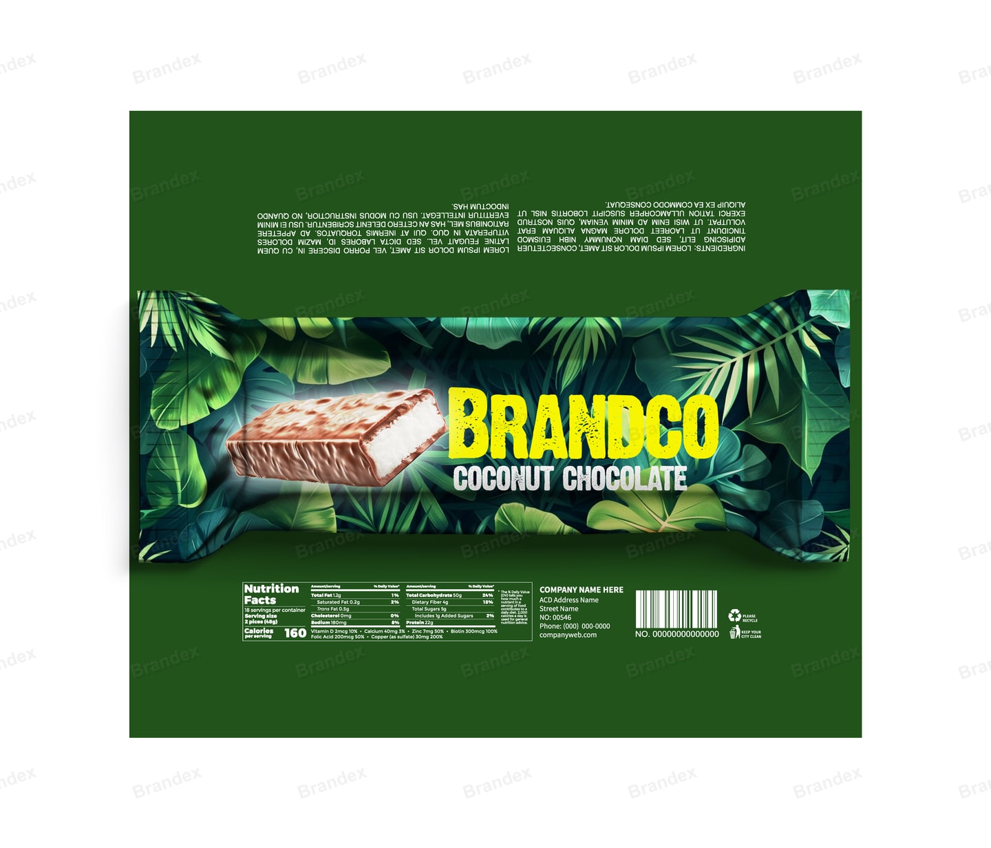 Green Jungle Coconut Chocolate Bar Wrapper Template – Tropical Leaves & Yellow Text