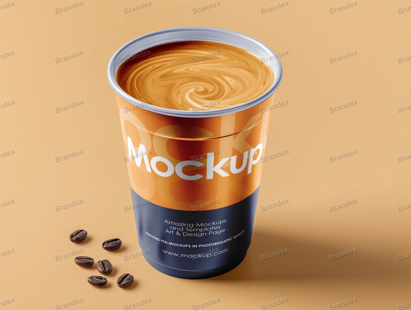 Vibrant Coffee Cup Mockup PSD with Dynamic Swirls Orange Background