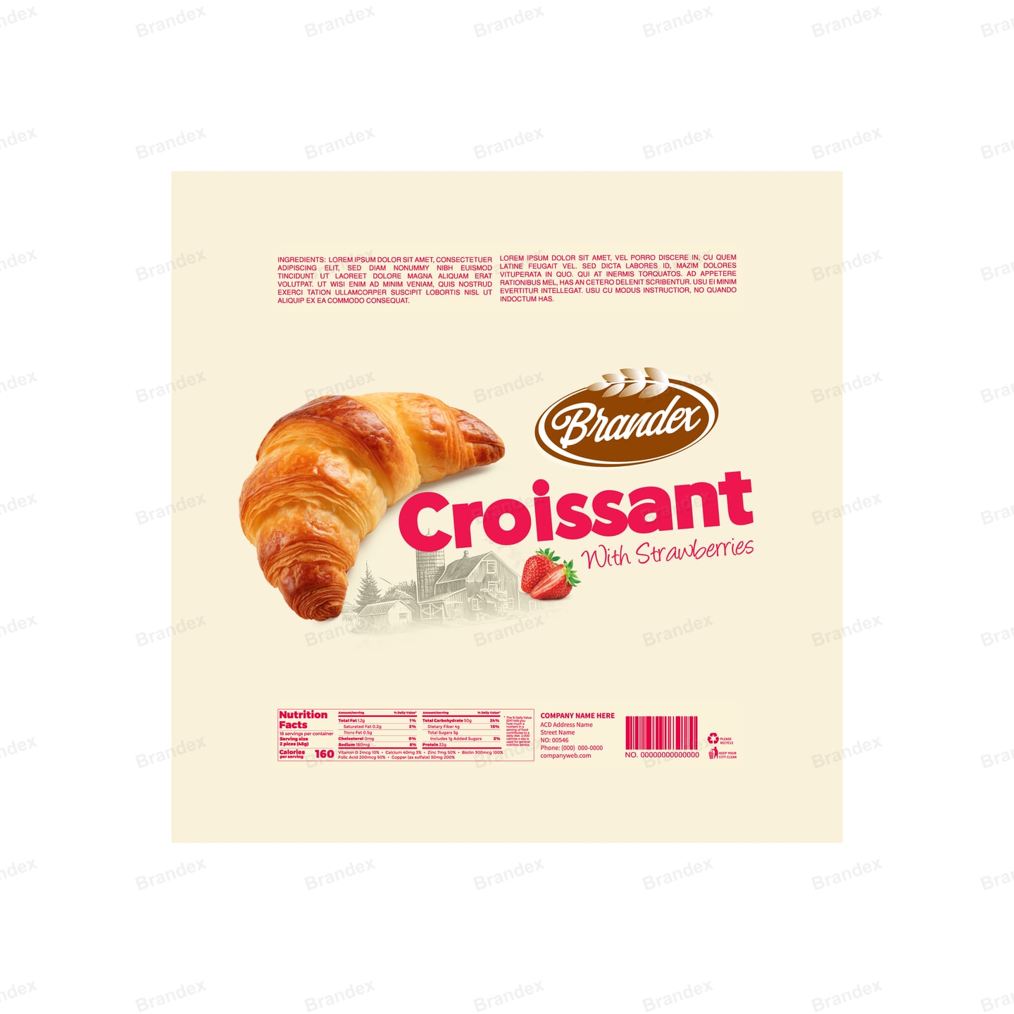 Vintage Strawberry Croissant Wrapper Packaging Template – Cream Design