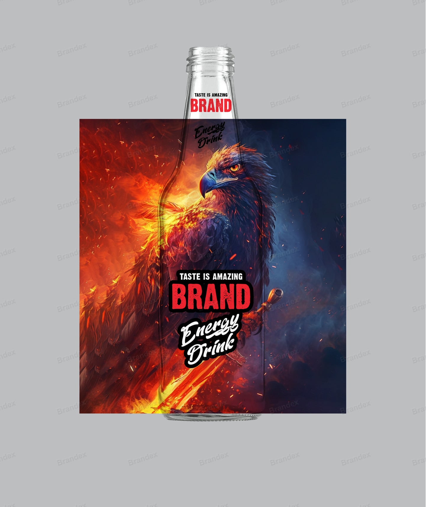 Energy Drink Bottle Packaging Design with Fiery Eagle Illustration