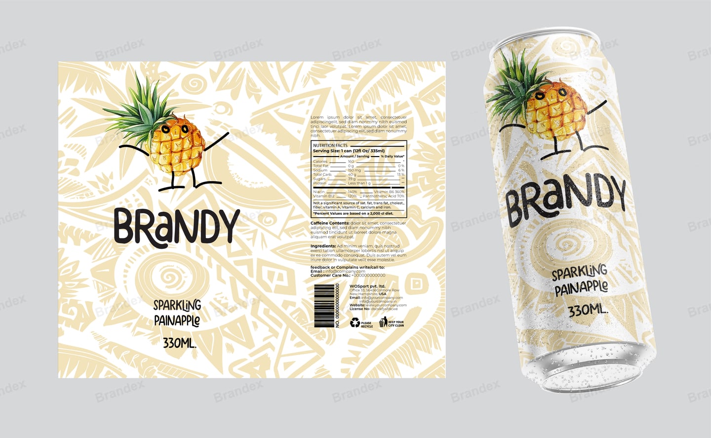Brandy Sparkling Pineapple 330ml Can Packaging - Gold Tribal Pattern Design Mockup