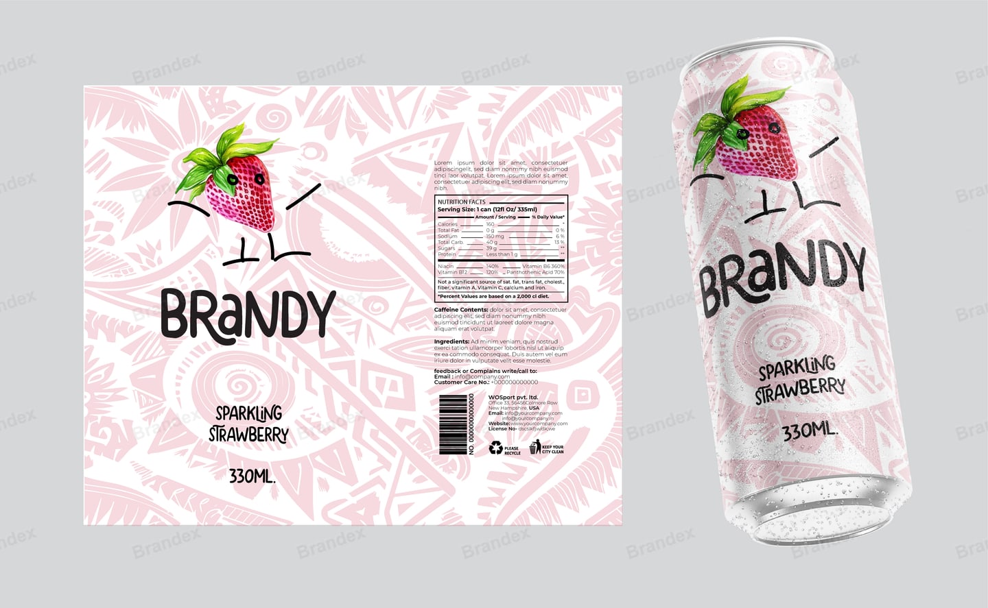 Brandy Sparkling Strawberry 330ml Can Packaging - Pink Tribal Pattern Design Mockup