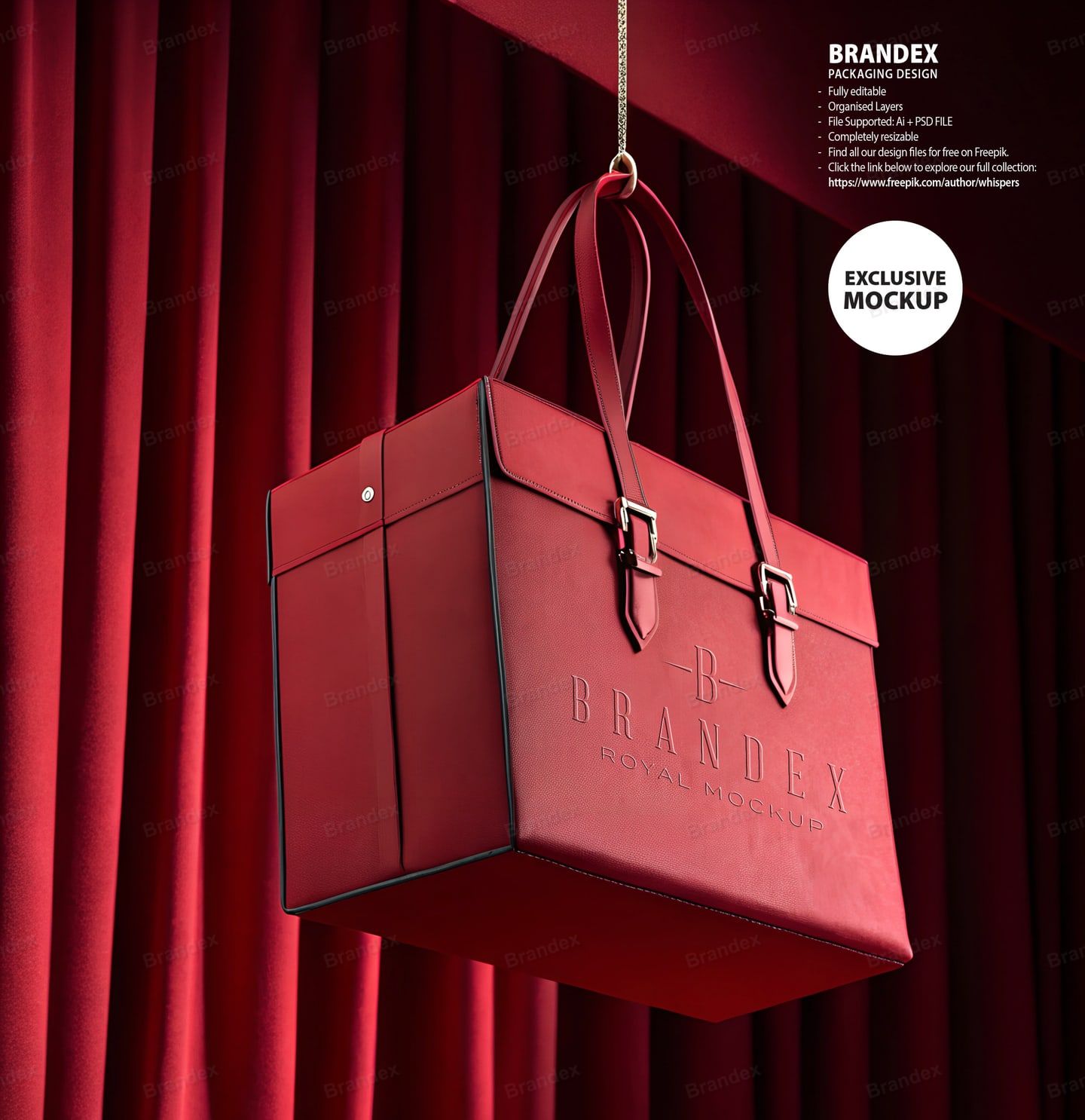 Luxury Red Leather Vanity Bag Mockup Suspended Against Velvet Curtains