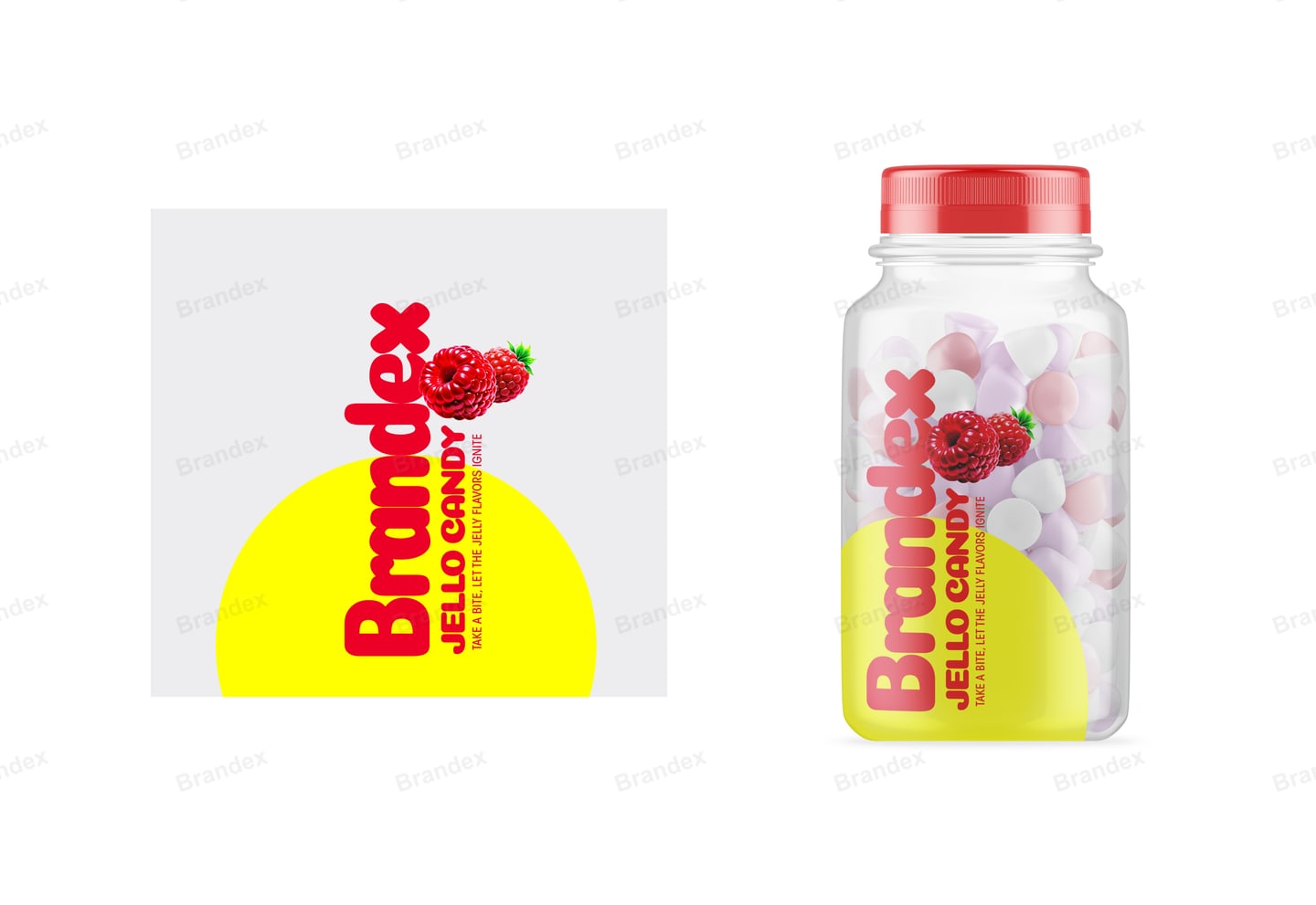 Brandex Raspberry Jello Candy Jar Packaging - Bold Yellow Design