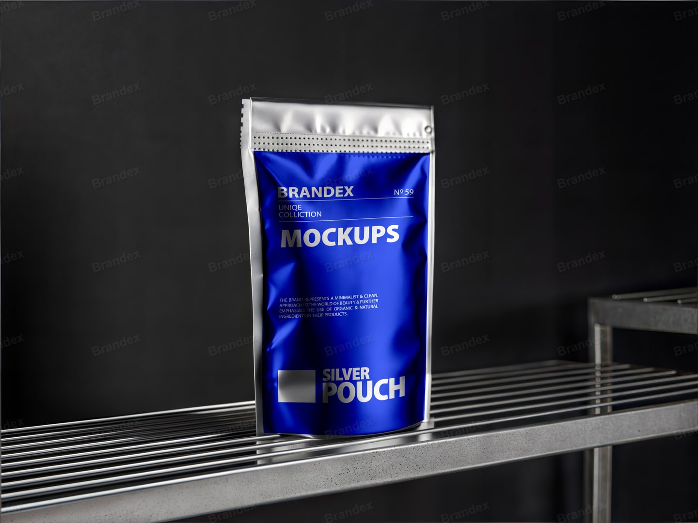 Blue and Silver Foil Pouch Mockup on Metal Shelf