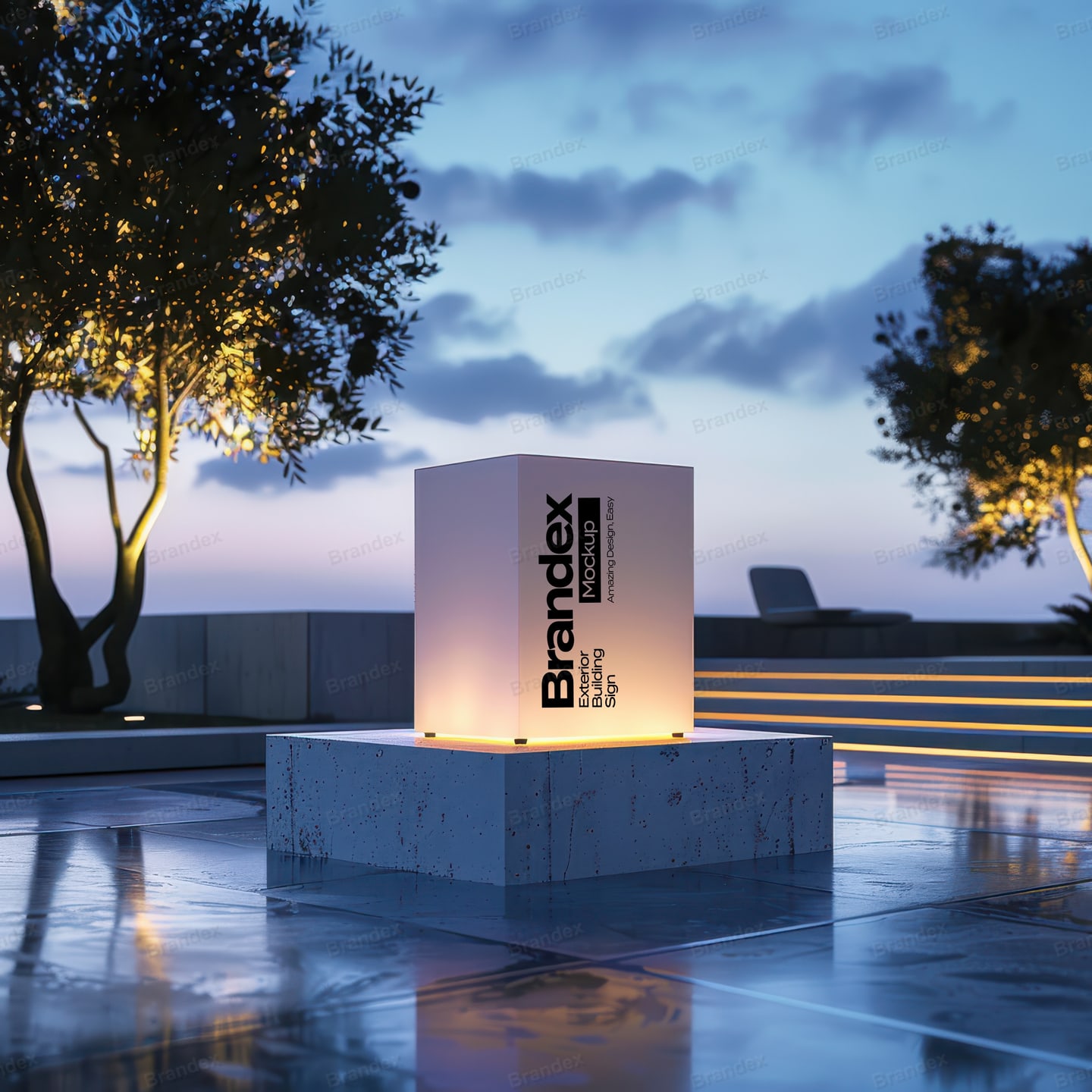 Outdoor Illuminated Cube Branding Sign Mockup at Twilight