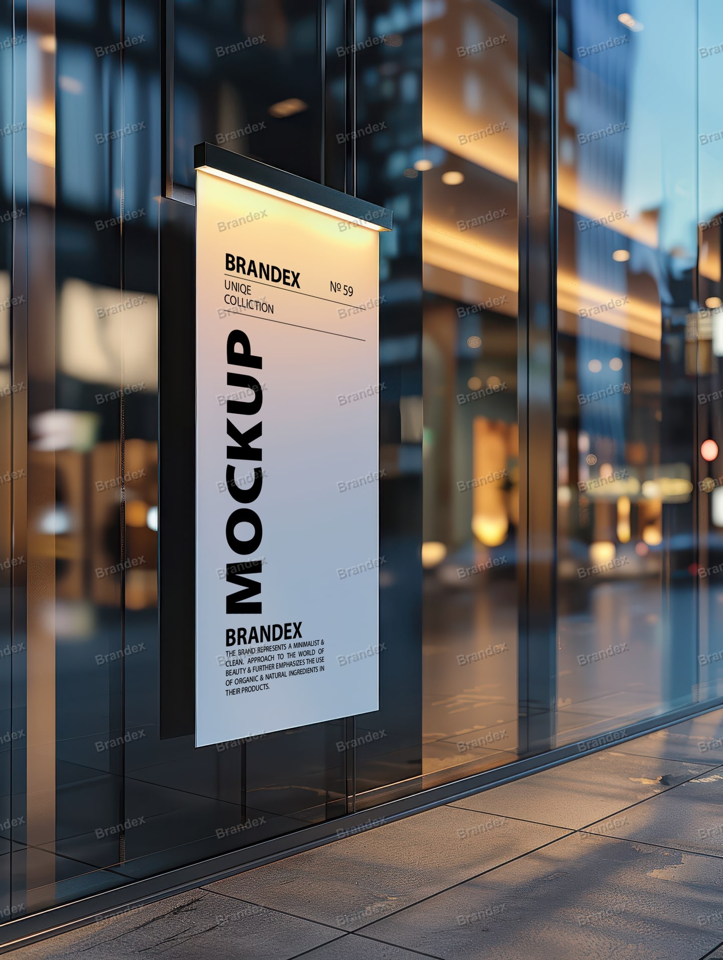 Illuminated Vertical Storefront Signage Mockup on Glass Wall