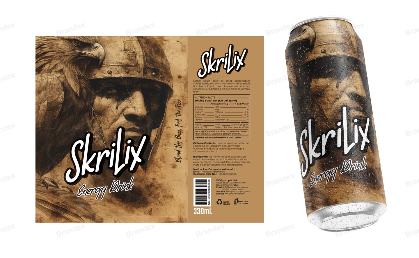 Skrilix Energy Drink 330ml Can Packaging - Sepia Warrior Eagle Design Mockup