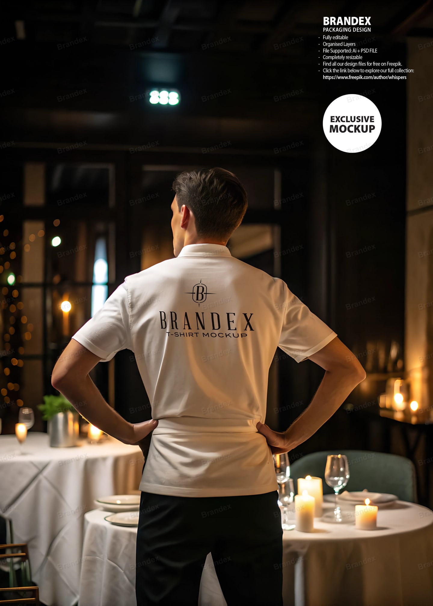 White Polo Shirt Mockup Worn by Waiter in Restaurant – Back View