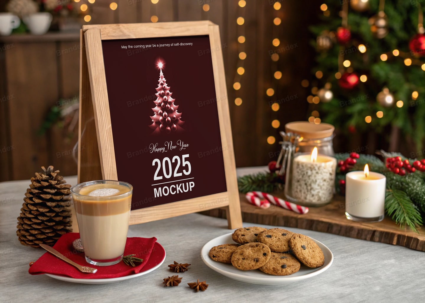 Tabletop Wooden Menu Frame Mockup on Christmas Table – Cozy Holiday Cafe Setup
