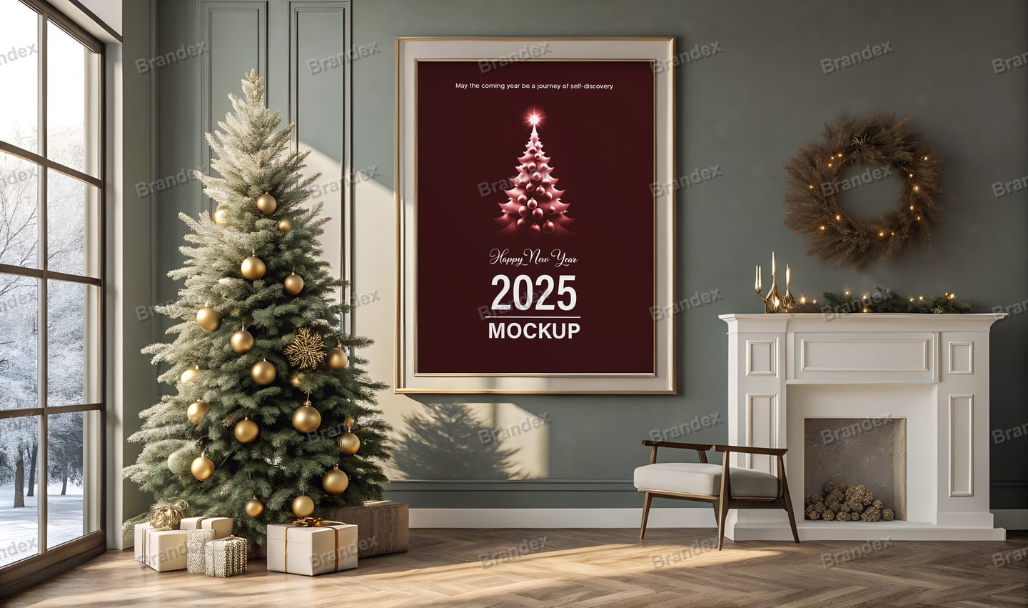 Festive Christmas New Year Holiday Framed Poster Mockup Living Room Display