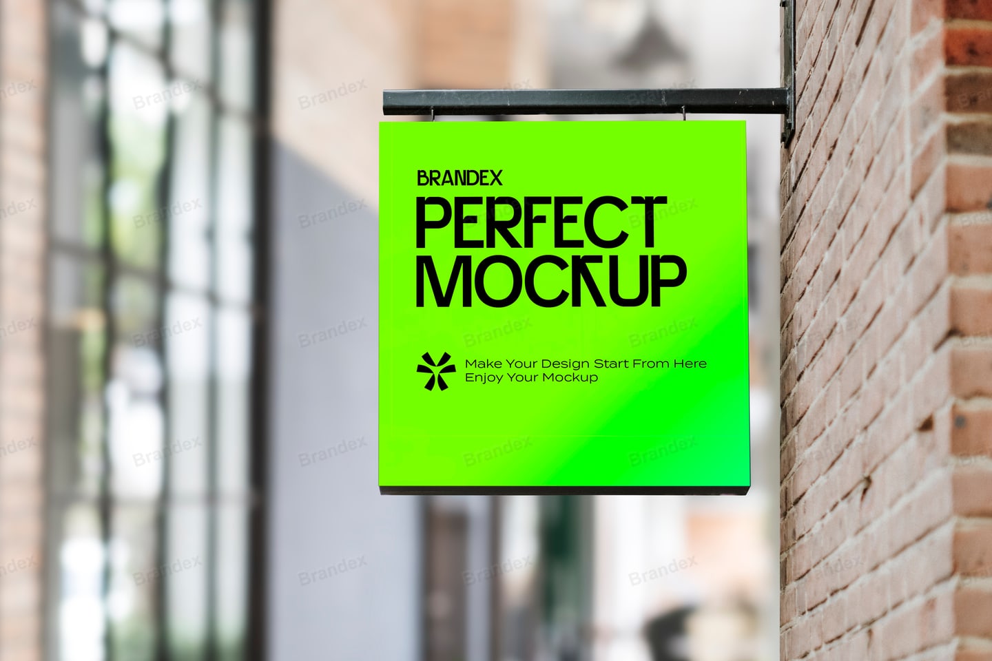 Green Outdoor Storefront Hanging Sign Mockup on Brick Wall