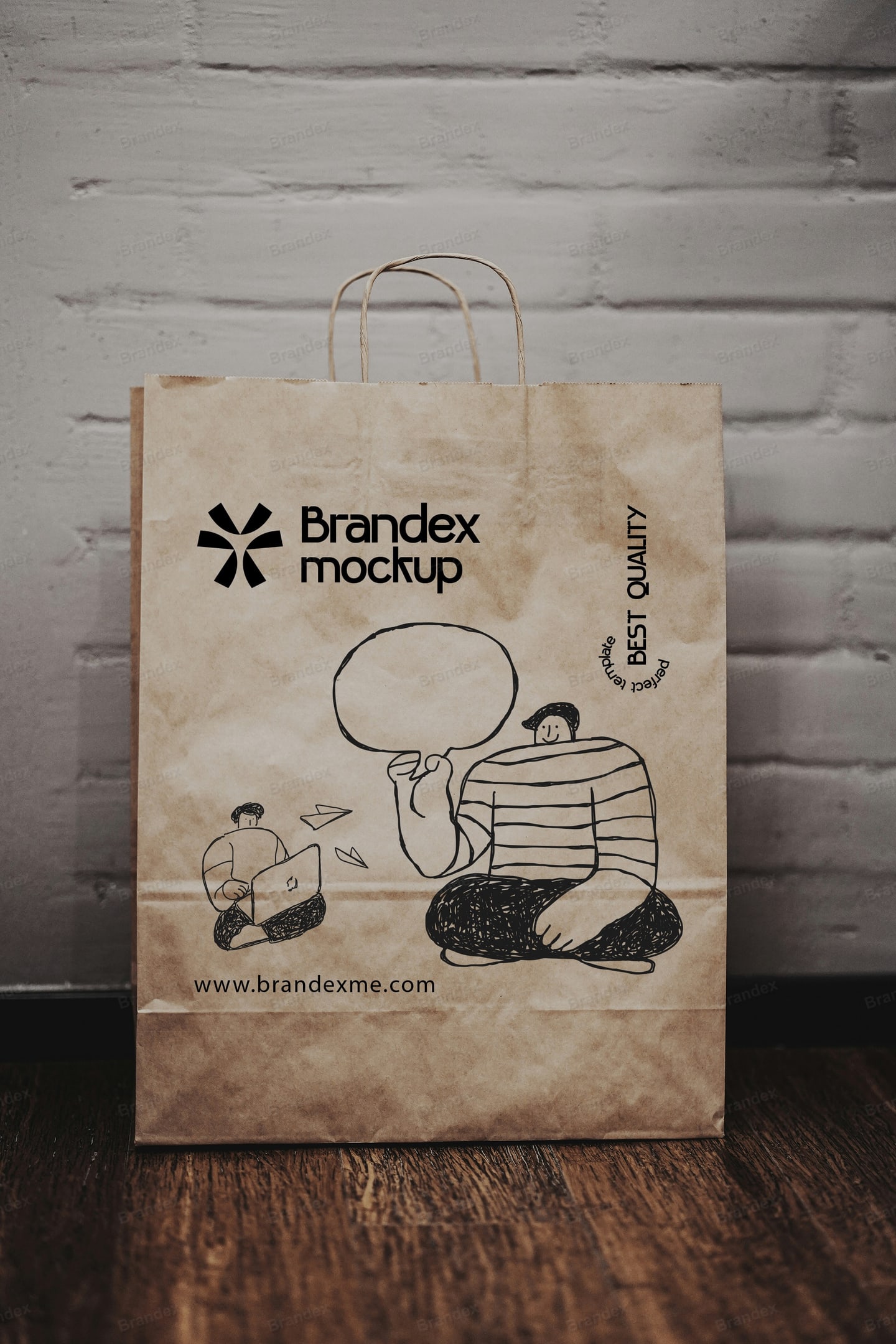 Kraft Paper Shopping Bag Mockup with Illustration Against White Brick Wall