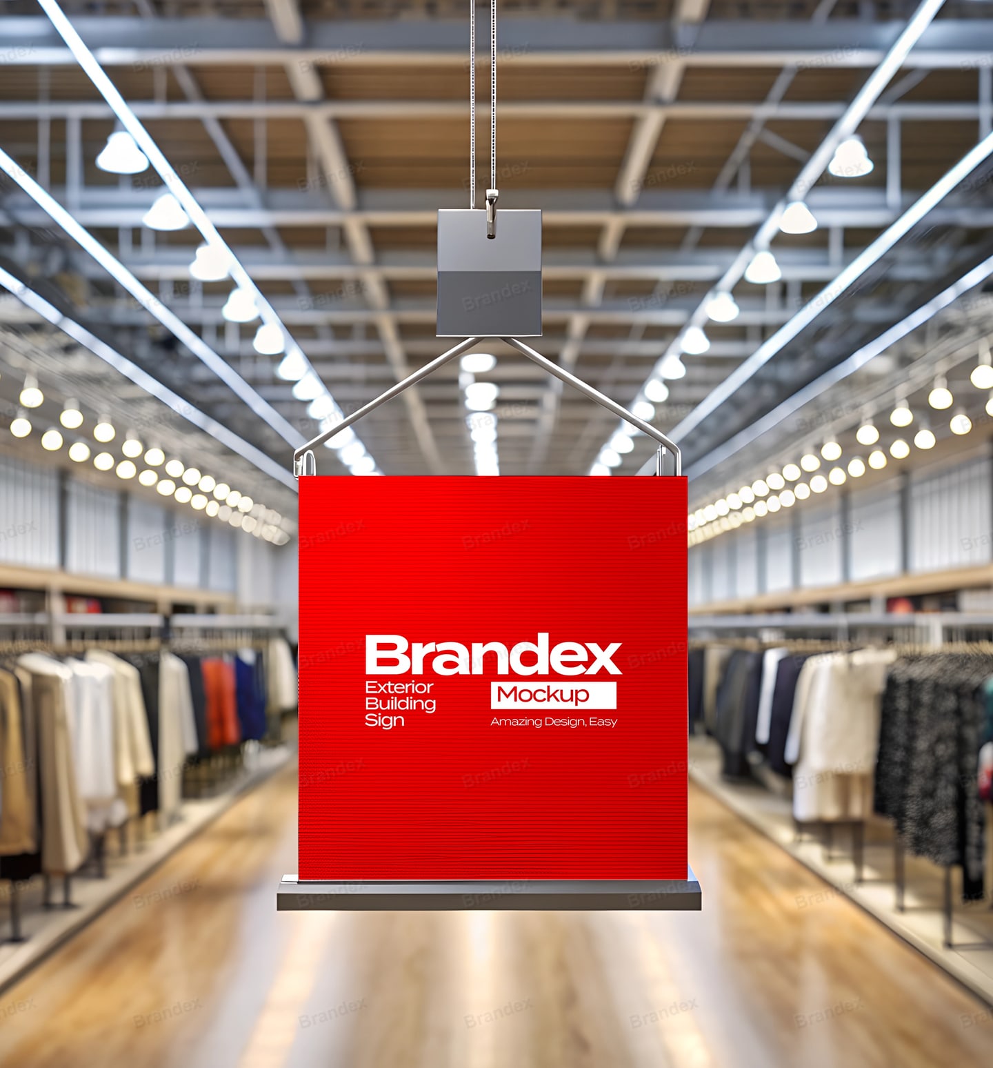 Red Hanging Retail Store Branding Sign Mockup