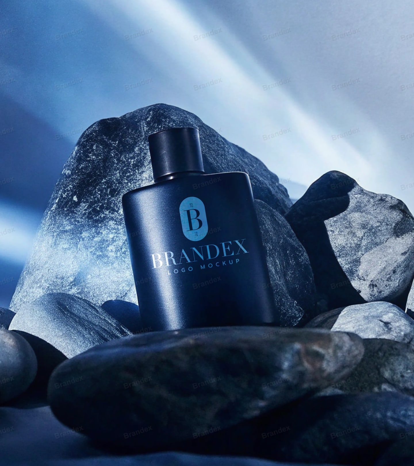Matte Dark Blue Perfume Bottle Mockup Nestled in River Stones