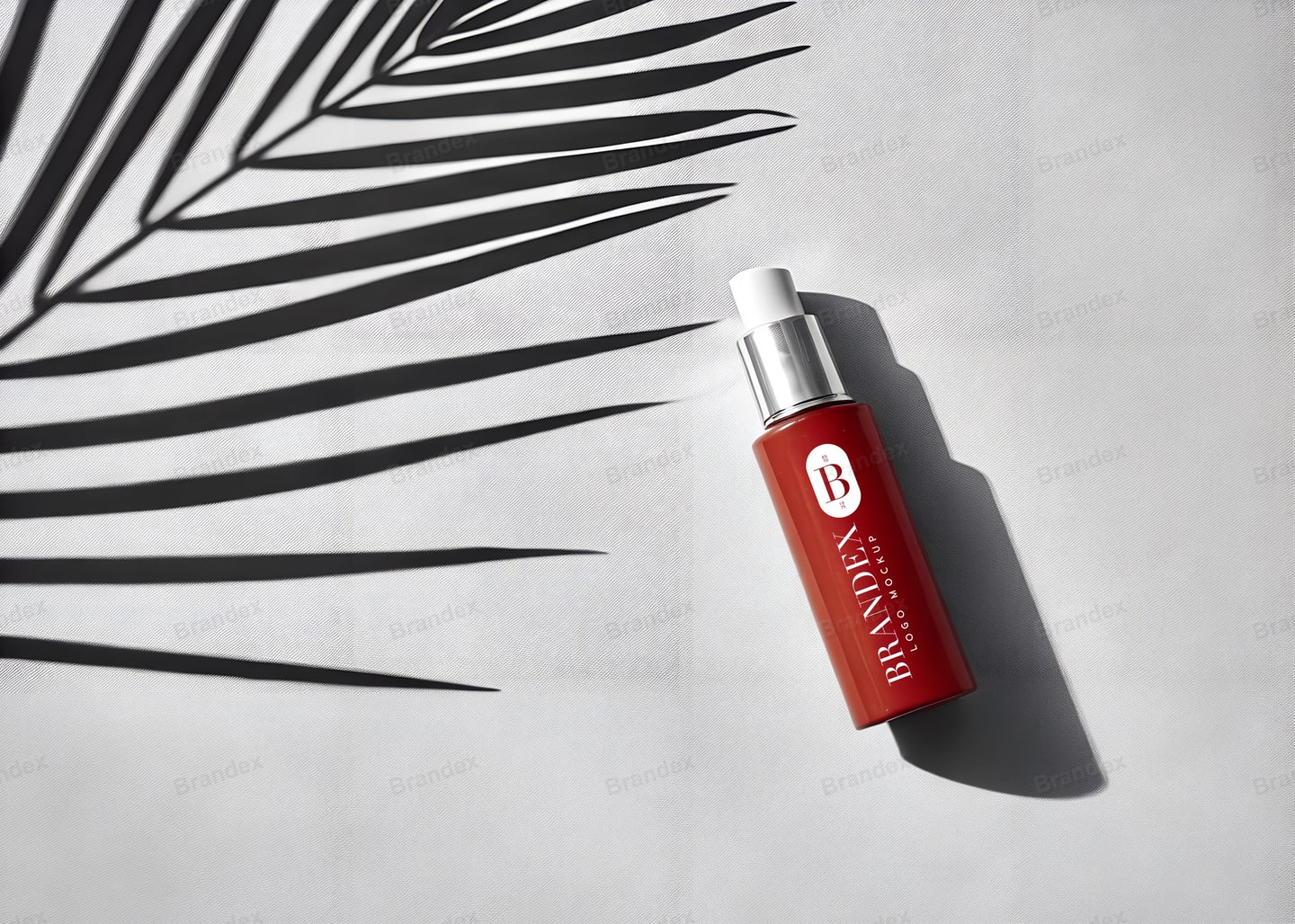 Red Cosmetic Spray Bottle Mockup with Botanical Shadow Overlay