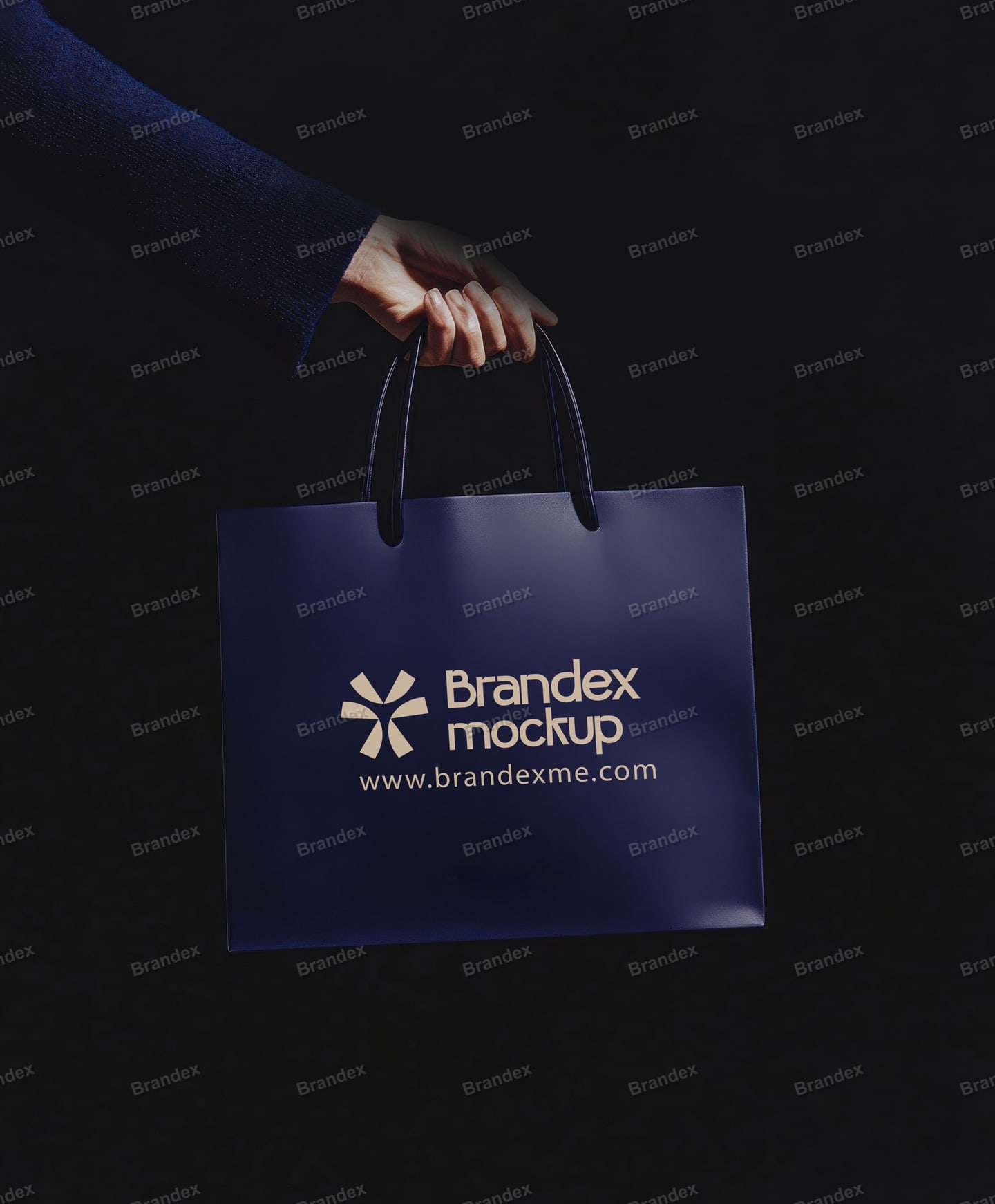 Navy Blue Retail Shopping Bag Mockup with Hand Holding